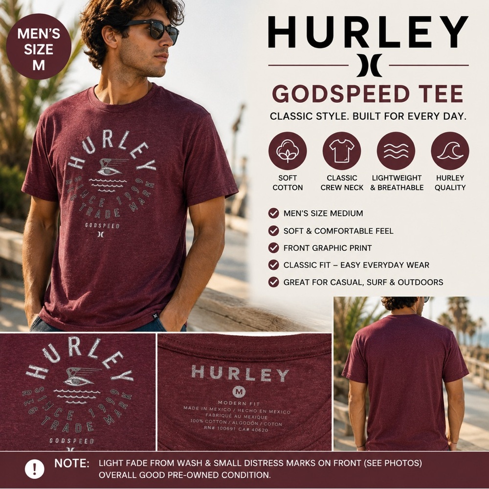 Hurley Men’s Medium Burgundy Graphic Tee Surf Skate Casual Shirt